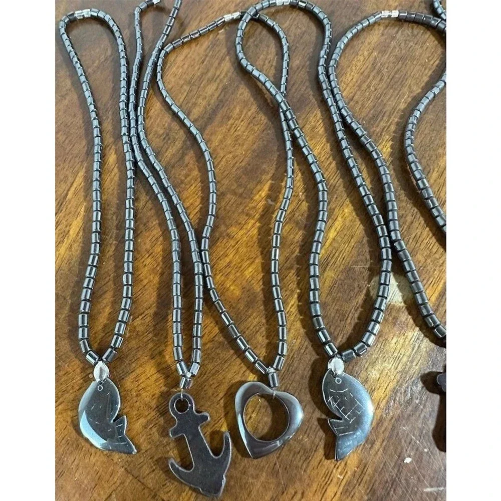 6Pc Hematite Stone Pendant Necklace Lot Fish Cross Anchor Horn Sun Heart